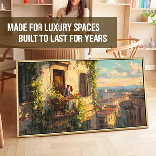 Balcony Romance Overlooking the City – Romantic Scene Wall Art, HD Canvas Print, Golden Floater Framed, Ready to Hang, (24 In x 48 In) (COWA08)
