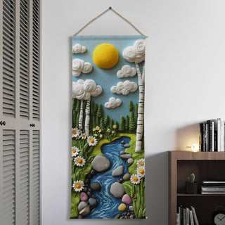 Kids Felt Nature Tapestry - Cute Sunny Forest & River Wall Hanging – Decorative Wall Art for Kids room – Size: 24 x 60 Inches (KIDS08)