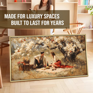 Whispers Beneath the Blossoms – Romantic Couple Picnic Painting Wall Art, HD Canvas Print, Golden Floater Framed, Ready to Hang, (24 In x 48 In) (COWA01)
