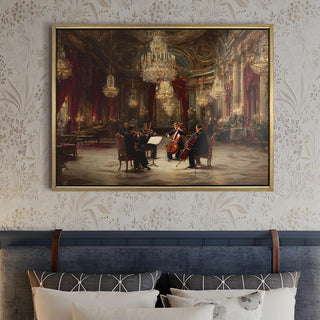 Classical Quartet in Grand Hall Painting – Golden Framed HD Canvas Print – Ready to Hang – Wall Art for Living Room, Bedroom – Size: 4 Ft x 3 Ft (MUS006)