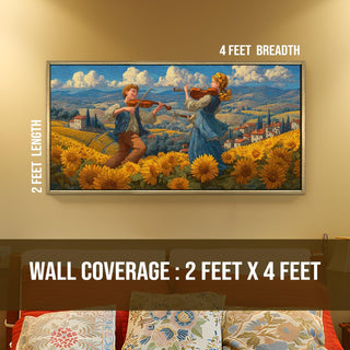 Folk Musicians on Tuscan Hilltop – Framed HD Canvas Print Wall Art, Sunset Melody Scene – Ready to Hang – Size: 4 Ft x 2 Ft (MUS001)