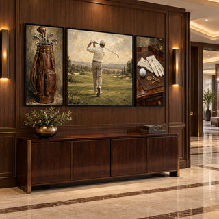 Classic Golf golf canvases above a walnut console in a marble hallway