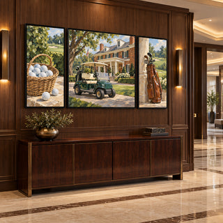 American Country Club golf canvases above a walnut console in a marble hallway