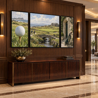 European Coastal Links golf canvases above a walnut console in a marble hallway