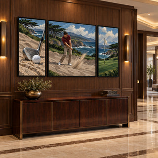 Coastal Bunker golf canvases above a walnut console in a marble hallway