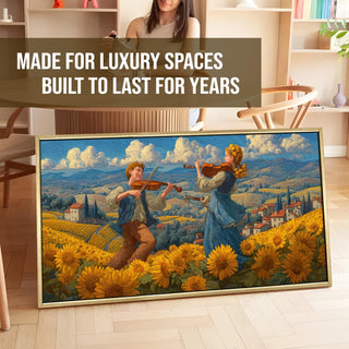 Folk Musicians on Tuscan Hilltop – Framed HD Canvas Print Wall Art, Sunset Melody Scene – Ready to Hang – Size: 4 Ft x 2 Ft (MUS001)