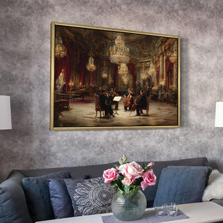 Classical Quartet in Grand Hall Painting – Golden Framed HD Canvas Print – Ready to Hang – Wall Art for Living Room, Bedroom – Size: 4 Ft x 3 Ft (MUS006)