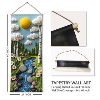 Kids Felt Nature Tapestry - Cute Sunny Forest & River Wall Hanging – Decorative Wall Art for Kids room – Size: 24 x 60 Inches (KIDS08)