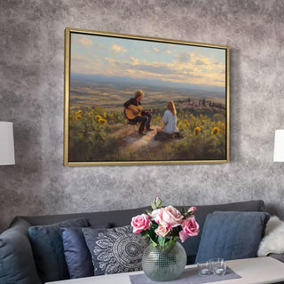 Folk Musicians on Tuscan Hilltop Painting – Golden Framed HD Canvas Print – Ready to Hang – Wall Art for Living Room, Bedroom – Size: 4 Ft x 3 Ft (MUS005)