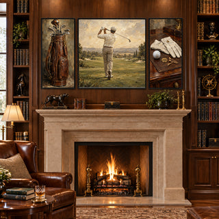 Classic Golf golf canvases above a stone fireplace in a library with leather armchairs