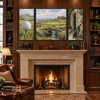 European Coastal Links golf canvases above a stone fireplace in a library with leather armchairs