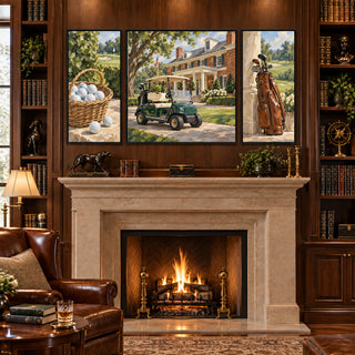 American Country Club golf canvases above a stone fireplace in a library with leather armchairs