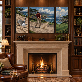 Coastal Bunker golf canvases above a stone fireplace in a library with leather armchairs