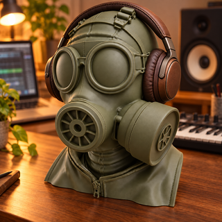 Wasteland Ranger headphone stand on a music desk with brown headphones