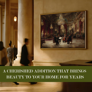 Classical Quartet in Grand Hall Painting – Golden Framed HD Canvas Print – Ready to Hang – Wall Art for Living Room, Bedroom – Size: 4 Ft x 3 Ft (MUS006)