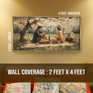 Countryside Picnic Romance – Romantic Scene Wall Art, HD Canvas Print, Golden Floater Framed, Ready to Hang, (24 In x 48 In) (COWA10)