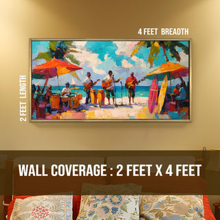 Reggae Band on Caribbean Beach – Large HD Canvas Painting for Wall, Joyful Performance in Layered – Ready to Hang – Size: 4 Ft x 2 Ft (MUS003)