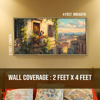 Balcony Romance Overlooking the City – Romantic Scene Wall Art, HD Canvas Print, Golden Floater Framed, Ready to Hang, (24 In x 48 In) (COWA08)