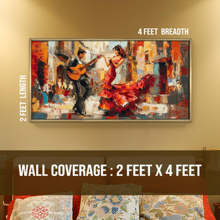 Flamenco Guitar and Dance in Spanish Plaza Wall Art, HD Canvas Print, Golden Floater Framed, Ready to Hang, (4 ft x 2 ft) (MUS007)