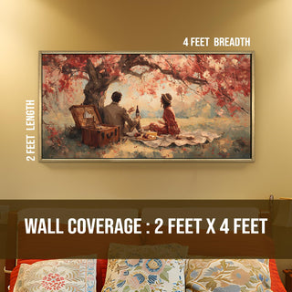 Cherry Blossom Picnic in the Countryside – Romantic Spring Scene Wall Art, HD Canvas Print, Golden Floater Framed, Ready to Hang, (24 In x 48 In) (COWA03)