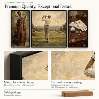 Classic Golf golf set with close-ups of the matte black floater frame and textured canvas surface