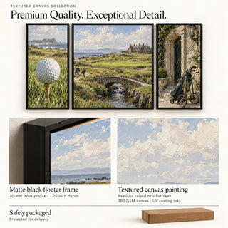 European Coastal Links golf set with close-ups of the matte black floater frame and textured canvas surface