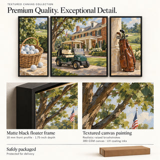 American Country Club golf set with close-ups of the matte black floater frame and textured canvas surface