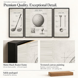 Vintage Golf Studies golf set with close-ups of the matte black floater frame and textured canvas surface