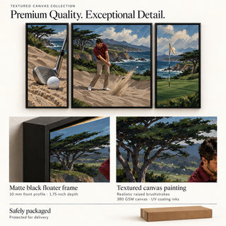 Coastal Bunker golf set with close-ups of the matte black floater frame and textured canvas surface