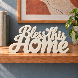 Bless This Home desk letters in Ivory on the ledge