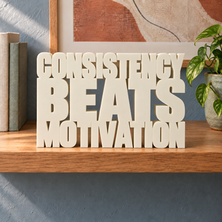 Consistency Beats Motivation desk letters in Ivory on the ledge