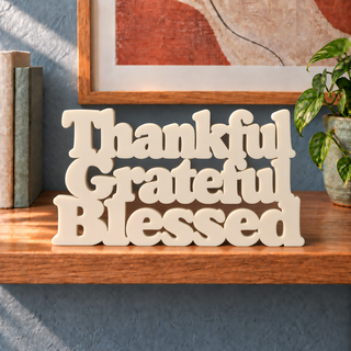 Thankful Grateful Blessed desk letters in Ivory on the ledge