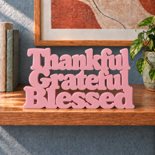Thankful Grateful Blessed desk letters in Sakura Pink