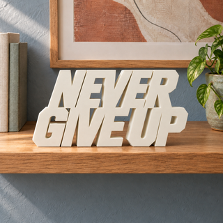Never Give Up desk letters in Ivory on the ledge