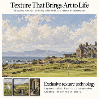 Close-up of the raised brushstroke texture on the European Coastal Links golf painting