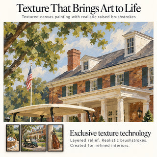 Close-up of the raised brushstroke texture on the American Country Club golf painting