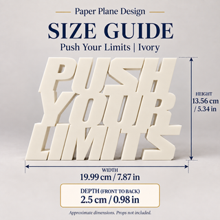 Push Your Limits desk letters size guide with dimensions
