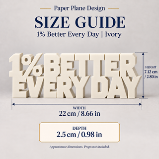 1% Better Every Day desk letters size guide with dimensions