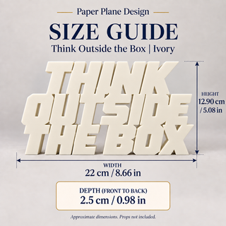 Think Outside the Box desk letters size guide with dimensions