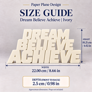 Dream Believe Achieve desk letters size guide with dimensions