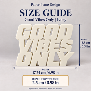 Good Vibes Only desk letters size guide with dimensions