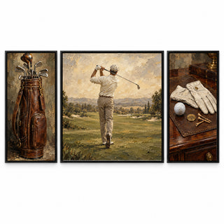 Classic Golf golf set of three framed canvases on a white background