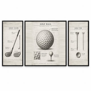 Vintage Golf Studies golf set of three framed canvases on a white background