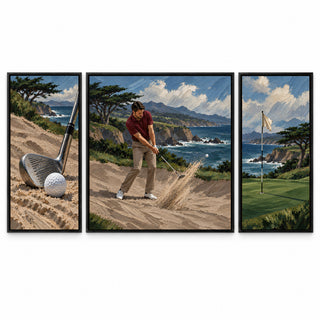 Coastal Bunker golf set of three framed canvases on a white background