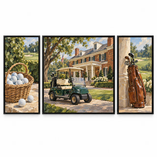 American Country Club golf set of three framed canvases on a white background