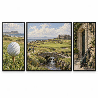 European Coastal Links golf set of three framed canvases on a white background