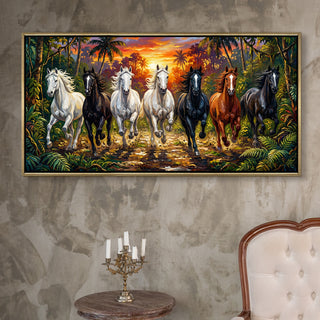 Seven Running Horses Wall Painting – Symbol of Prosperity, Success & Positive Energy | Premium Vastu Artwork for Home & Office Decor | Luxury Golden Floating  Frame HD Canvas Print ( 24 Inch x 48 Inch ) (VAWA62)
