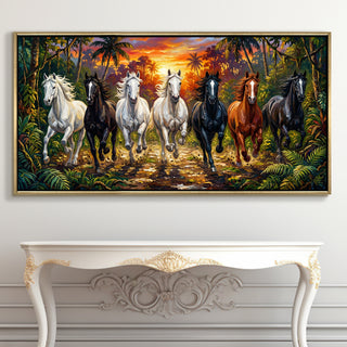 Seven Running Horses Wall Painting – Symbol of Prosperity, Success & Positive Energy | Premium Vastu Artwork for Home & Office Decor | Luxury Golden Floating  Frame HD Canvas Print ( 24 Inch x 48 Inch ) (VAWA62)