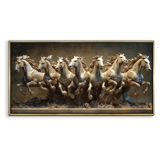 Seven Running Horses Wall Painting – Symbol of Prosperity, Success & Positive Energy | Premium Vastu Artwork for Home & Office Decor | Luxury Golden Floating  Frame HD Canvas Print ( 24 Inch x 48 Inch ) (VAWA63)