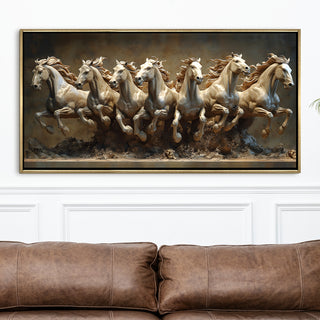 Seven Running Horses Wall Painting – Symbol of Prosperity, Success & Positive Energy | Premium Vastu Artwork for Home & Office Decor | Luxury Golden Floating  Frame HD Canvas Print ( 24 Inch x 48 Inch ) (VAWA63)